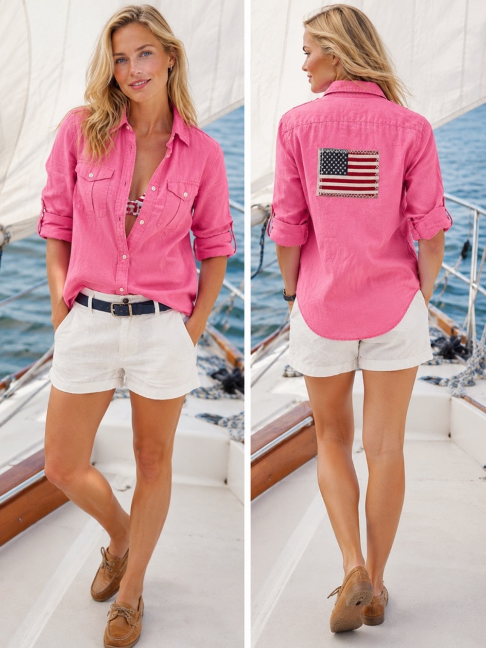 Ralph Lauren Sport Reworked Pink Linen Shirt | Patriotic American Flag | Size 4